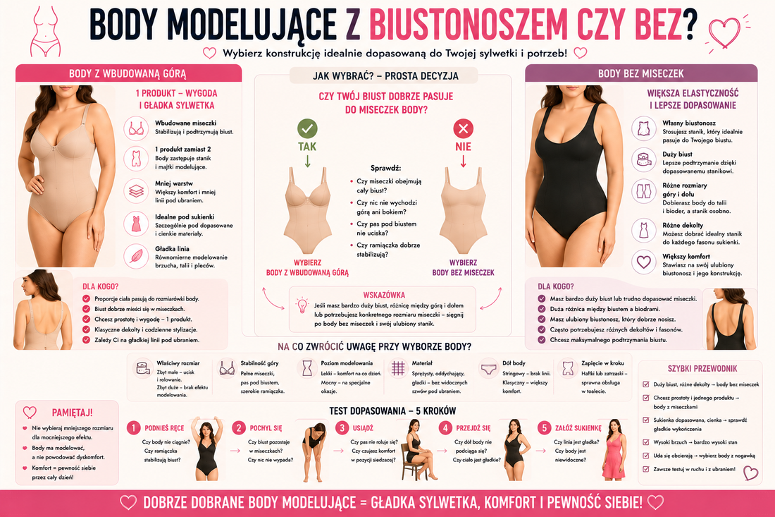 Body modelujące z biustonoszem czy bez? Jak wybrać konstrukcję do dużego biustu?