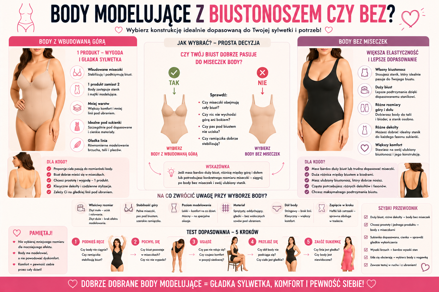 Body modelujące z biustonoszem czy bez? Jak wybrać konstrukcję do dużego biustu?
