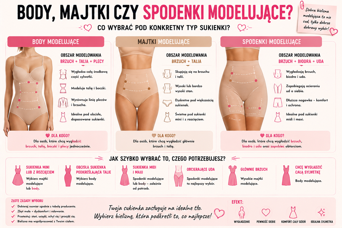 Body, majtki czy spodenki modelujące? Co wybrać pod konkretny typ sukienki?