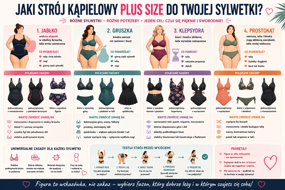 Strój kąpielowy plus size do figury jabłko, gruszka, klepsydra i prostokąt – jaki fason wybrać?