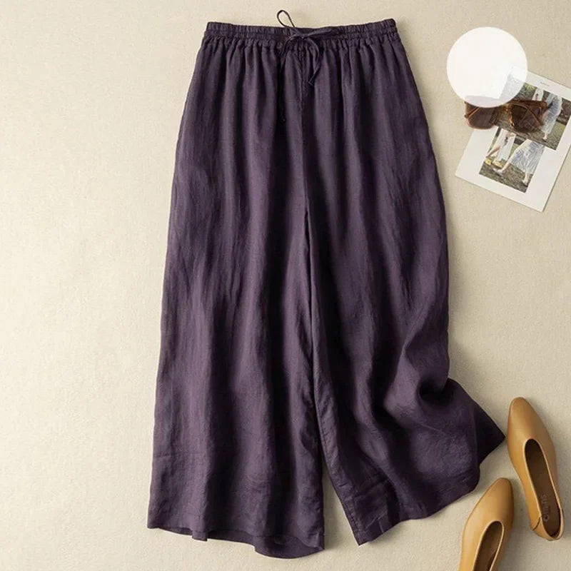 Lniano-bawełniane luźne spodnie z wysokim stanem plus size Éliane