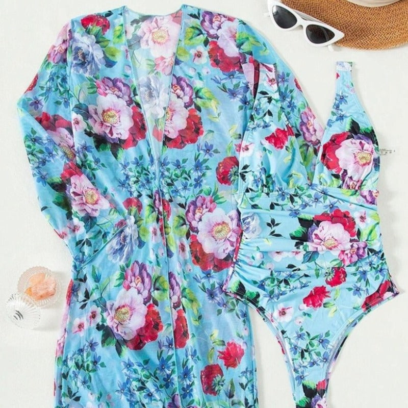 Maillot de bain une pièce à fleurs + kimono de plage gratuit-lorana.eu