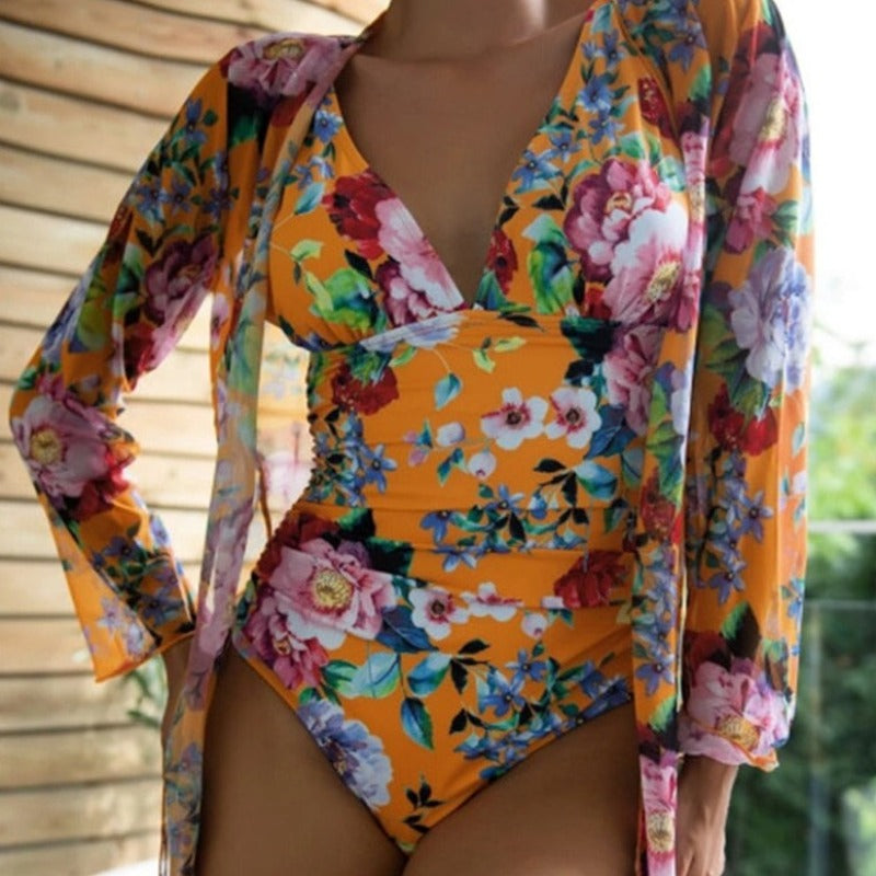 Maillot de bain une pièce à fleurs + kimono de plage gratuit-lorana.eu