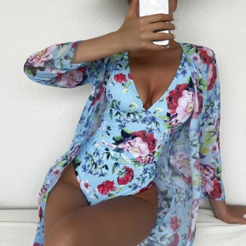 Maillot de bain une pièce à fleurs + kimono de plage gratuit-lorana.eu