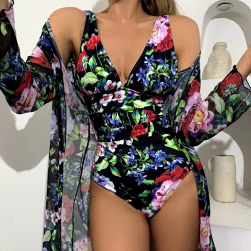 Maillot de bain une pièce à fleurs + kimono de plage gratuit-lorana.eu