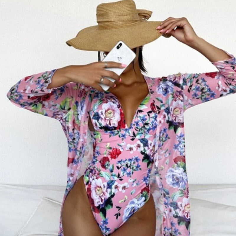 Maillot de bain une pièce à fleurs + kimono de plage gratuit-lorana.eu